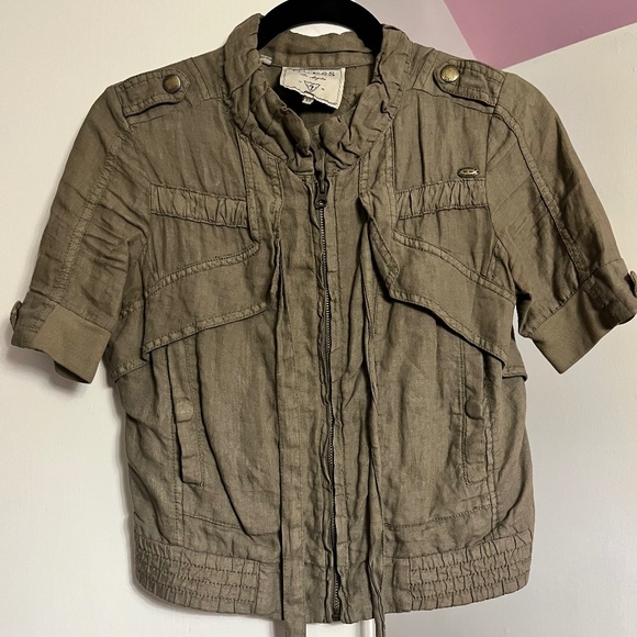 GUESS MOSS GREEN CARGO SHORT SLEEVE ZIP UP CARDIGAN VINTAGE JACKET - Picture 1 of 5